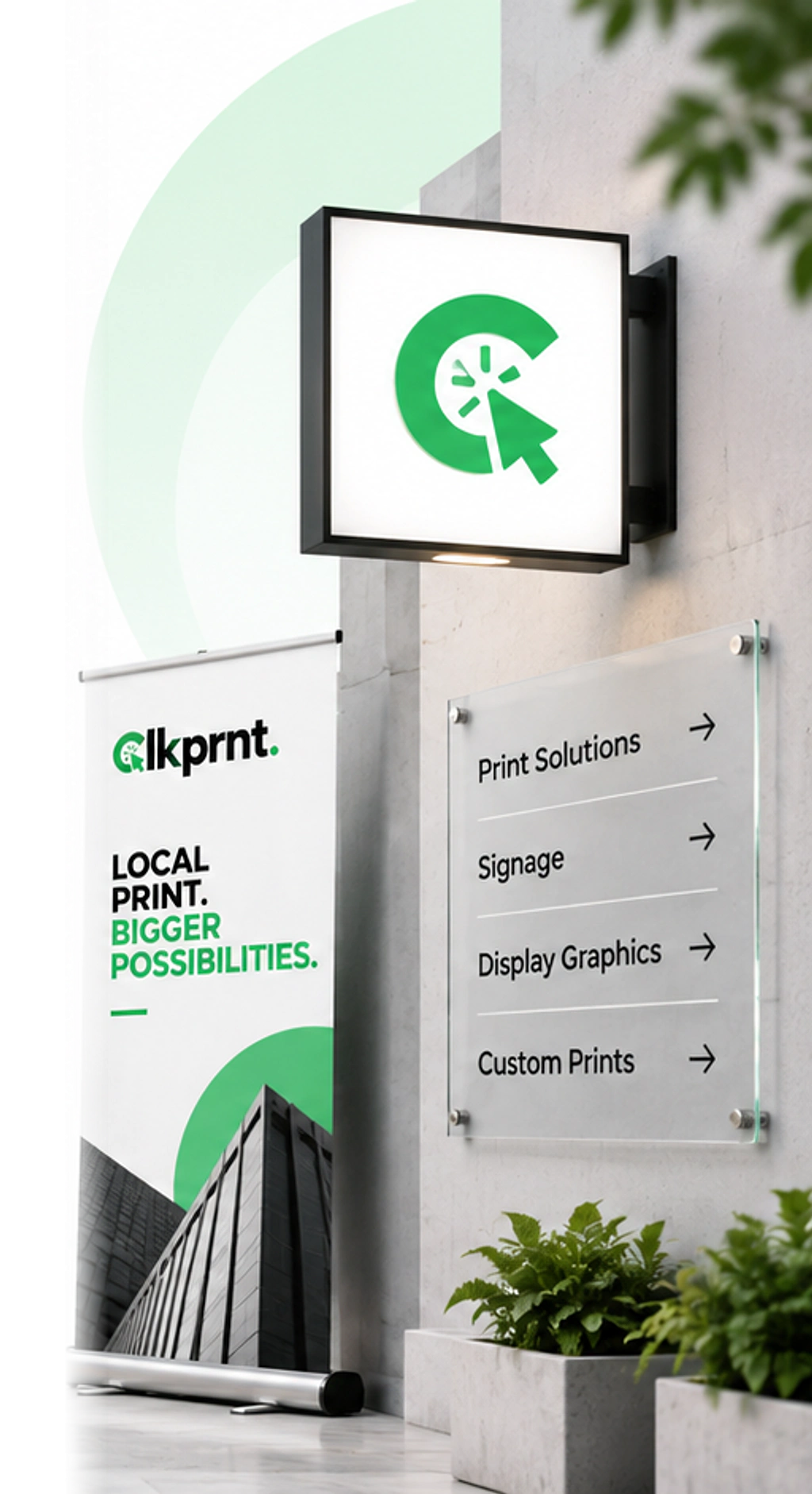 CLKPRNT illuminated storefront sign, print banner and services directory